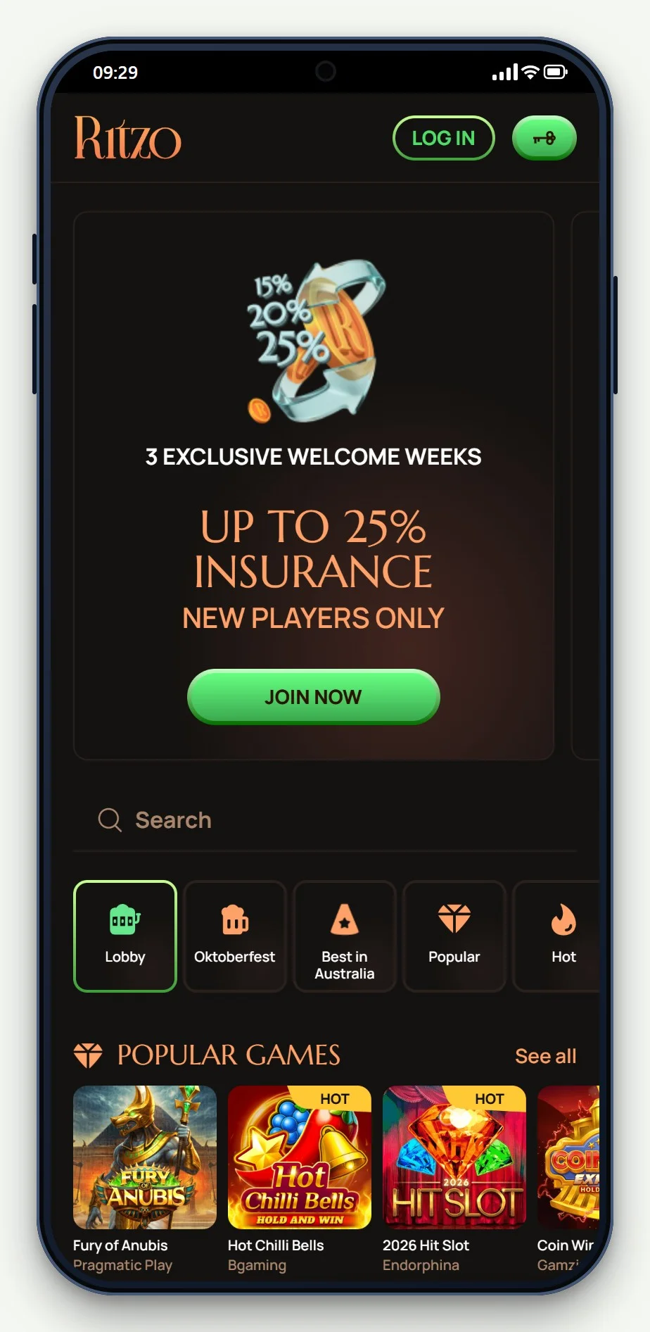 australian zimpler casino: Ritzo mobile lobby