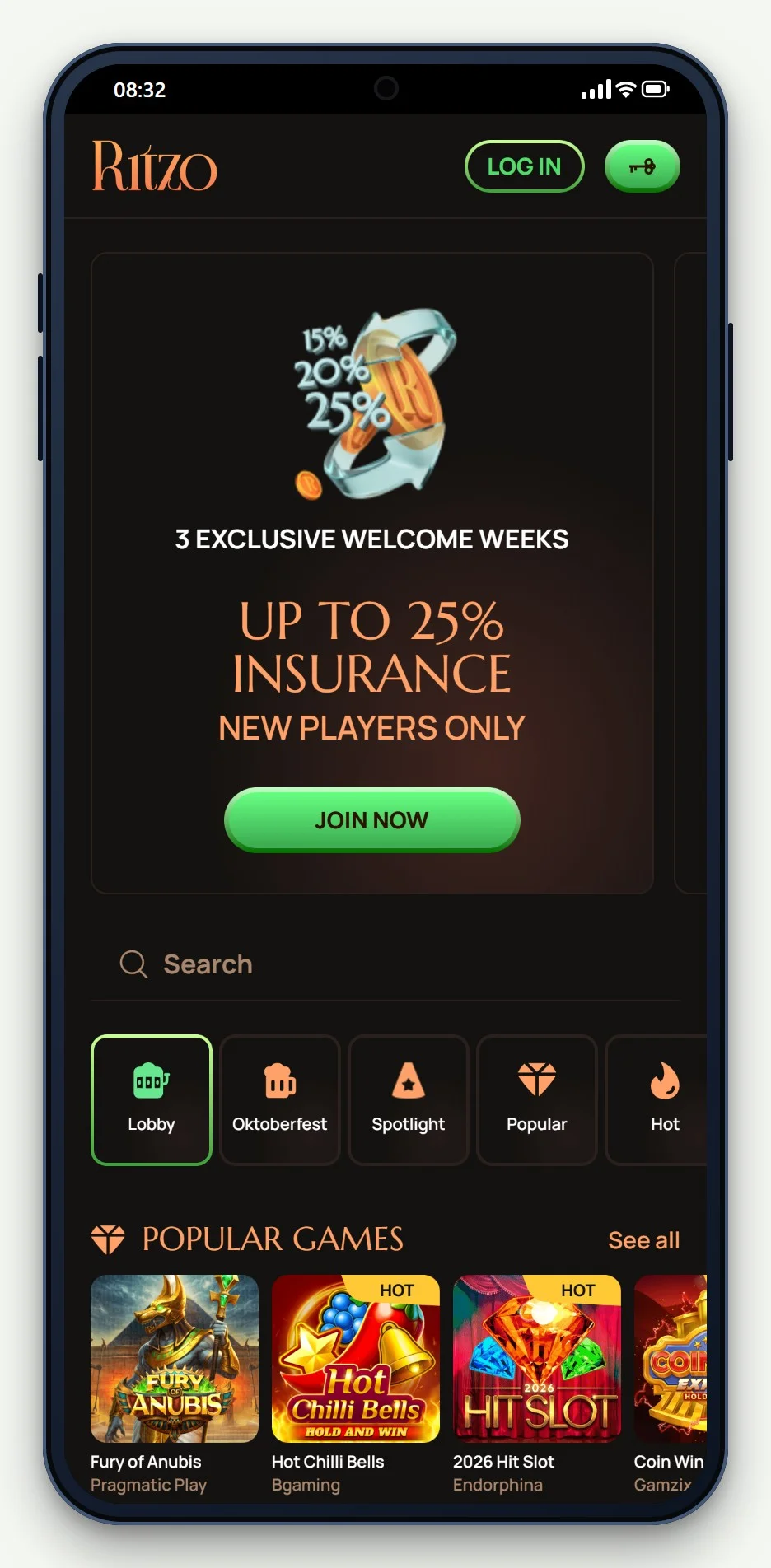 irish zimpler casinos: Ritzo mobile lobby