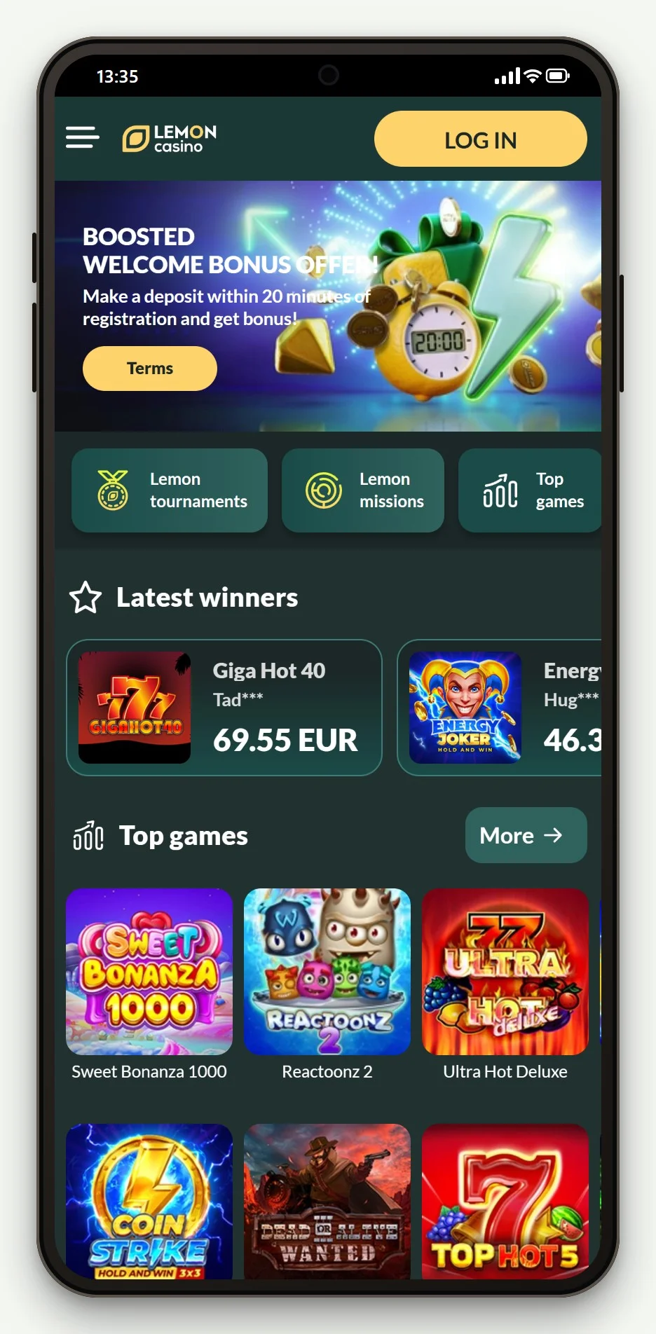 casinos with zimpler: Lemon Casino mobile lobby